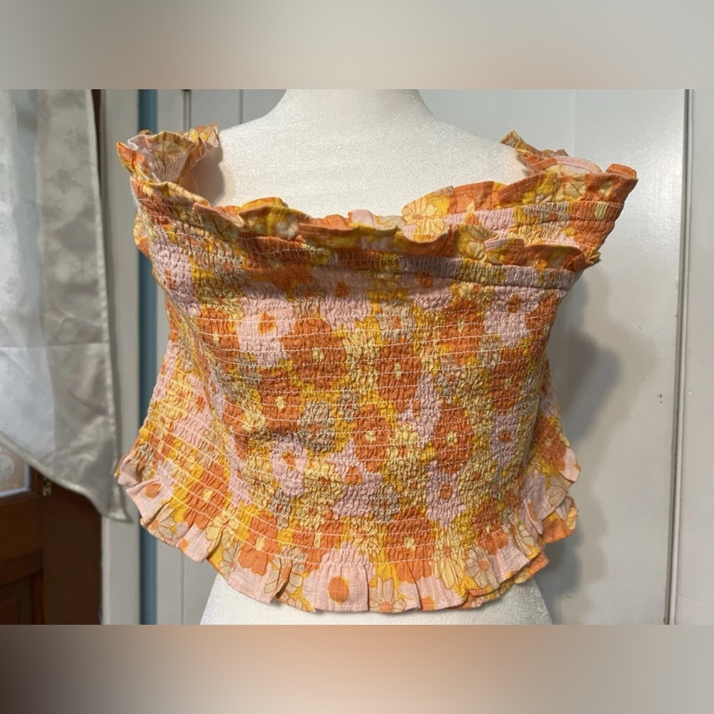 Short Sleeve Off Shoulder Shirt Shirred Cross Over Orange Yellow Floral Cropped